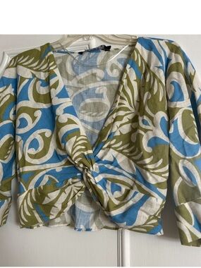 Zara Blue, Olive & White Twist-Front Crop Top